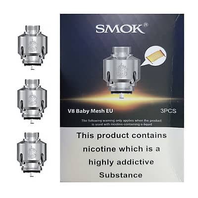 The Smok V8 Baby EU Core Vape coils are designed for use with Smok Big Baby Beast tank only. Due to the sub ohm coil resistances, we recommend using with eliquids of 60% VG and above for best results.