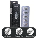 The Smok Nord range has six coil options. 0.6Ω DC (Dual Coil), 0.6Ω mesh DL, 0.8Ω mesh MTL,  0.8Ω DC (Dual Coil) MTL, 1.4Ω MTL and 1.4Ω Ceramic.