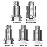 The Smok Nord range has six coil options. 0.6Ω DC (Dual Coil), 0.6Ω mesh DL, 0.8Ω mesh MTL,  0.8Ω DC (Dual Coil) MTL, 1.4Ω MTL and 1.4Ω Ceramic.
