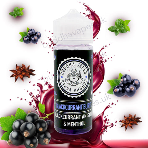 Blackcurrant Burst by Buddha Vapes E Liquid is the refreshing taste of freshly picked blackcurrants followed by a cool menthol blast and an aniseed after taste.