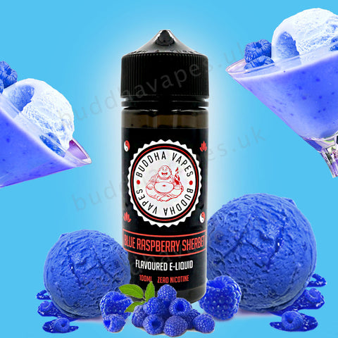 Blue Raspberry Sherbet e-Liquid by Buddha Vapes is a tangy refreshing blue raspberry.  Primary Flavours: Raspberry.  VG/PG: 80/20  Size: 100ml + 2x10ml bottles of 18mg Nic Shots included with each bottle you order.  Country: UK  Please Note: This e-liquid is provided in a 120ml bottle with 100ml of e-liquid, allowing you to add 2x10ml of 18mg Nicotine Shots (if required) to make it 3mg.