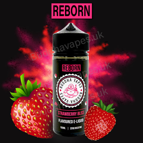 Strawberry Bliss e-liquid by the new Buddha Vapes Series Reborn. Taste of cloudy strawberry.  Primary Flavours: Strawberry.  VG/PG: 80/20  Size: 100ml + 2x10ml bottles of 18mg Nic Shots included with each bottle you order.  Country: UK  Please Note: This e-liquid is provided in a 120ml bottle with 100ml of e-liquid, allowing you to add 2x10ml of 18mg Nicotine Shots (if required) to make it 3mg.